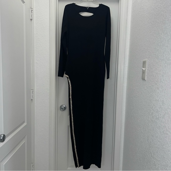 Fashion Nova Black Long Sleeve Maxi Dress w/ Rhinestone Slit XL - Picture 2 of 11